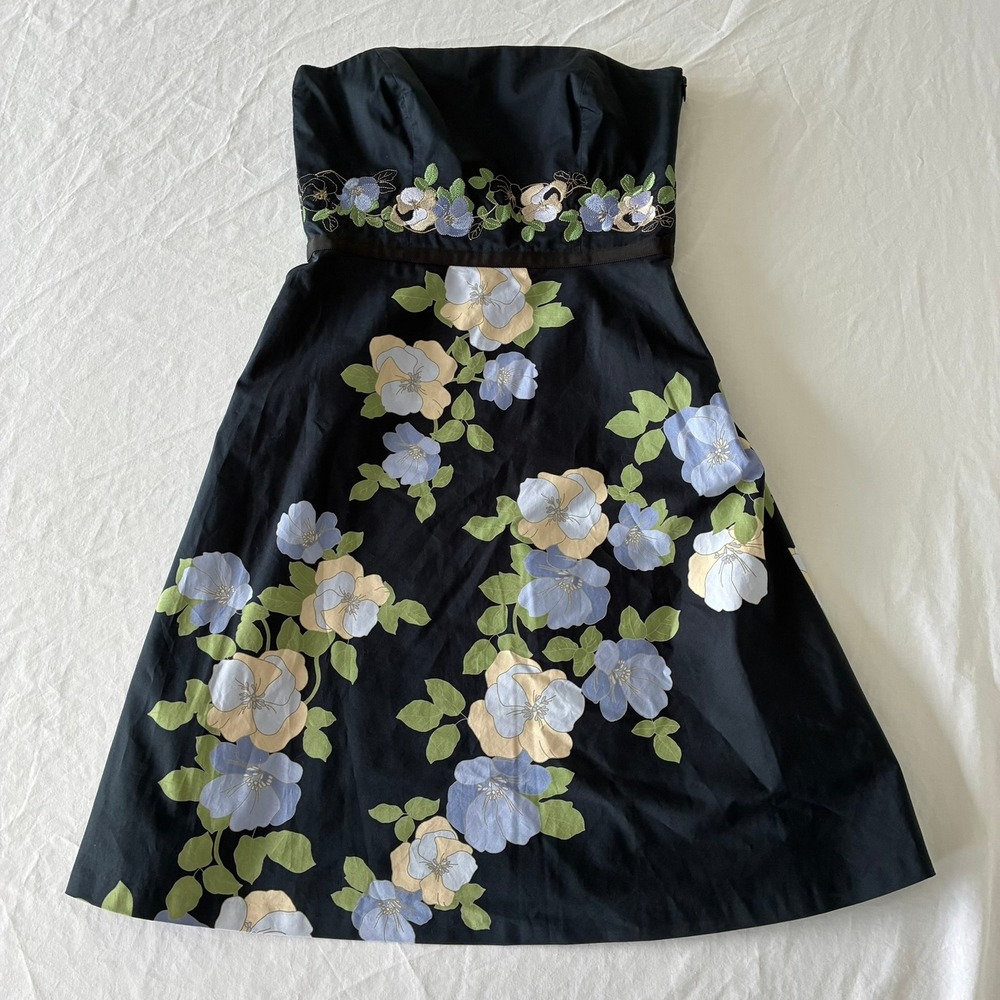 Ann Taylor LOFT Petites Black Floral Strapless Embroidered A-Line Dress 6P